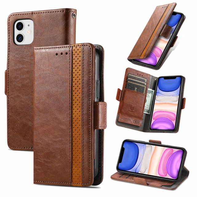 Case for iPhone 11 Cover Leather Wallet Folio Case Book Design Flip Magnetic Closure - Brown