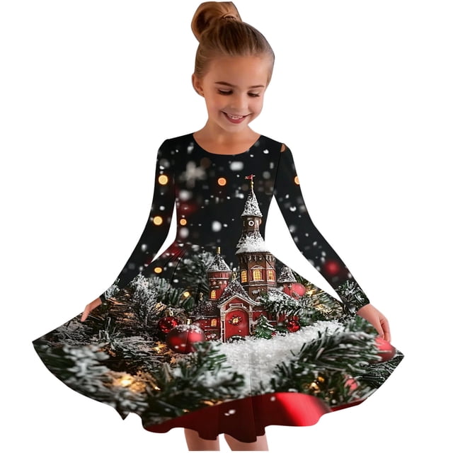 RXMEKW Robe Patineuse de Noël Imprimée pour Filles à Manches Longues à Col Rond Robe Tournoyante pour Récital et Fête pour les Fêtes, l'École et les Occasions Festives