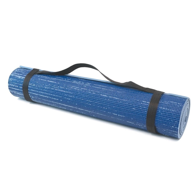 PurAthletics Water Print Mat rolled with black carrying straps, featuring a dual-color blue textured non-slip surface, 1/4 inch thick, 24 inches wide, and 68 inches long, designed for aerobic fitness and yoga, also suitable as a cushioned surface for floor exercises.
