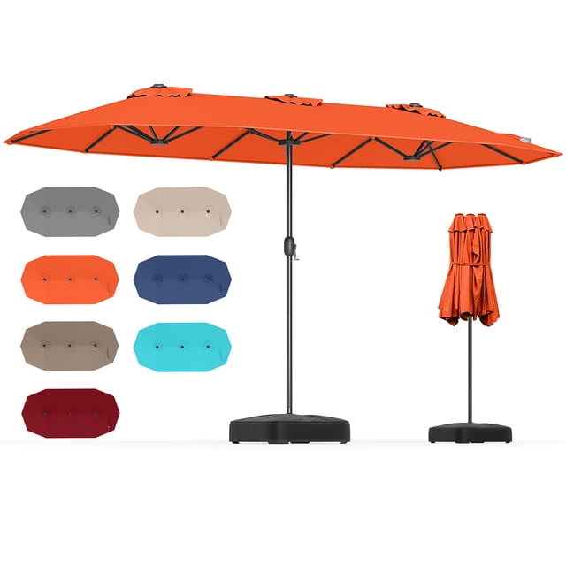 Gymax Parasol de patio Double Face de 13 Pi en orange avec Manivelle et Verrou de Sécurité, Montré Entièrement Ouvert et Fermé. le Parasol Présente un Auvent en Tissu Teint au Fil Enduit PA durable avec protection UV et Évents pour une Meilleure Circulation d'Air. Il Comprend une base Lestée Remplissable pour la Stabilité et un Cadre Métallique Robuste avec 12 Baleines pour la Résistance au Vent. des options de Couleur Supplémentaires Sont Présentées, Incluant Gris, beige, Bleu Marine, turquoise et Rouge.