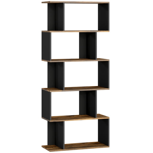 HOMCOM 5-Tier Bookshelf, Narrow S Shaped Bookcase in rustic brown and black. Features a unique S-shaped design with 10 open grids over five tiers for organized display. Made from particle board with a scratch-resistant melamine coating. Includes an anti-tip kit for safety. Dimensions: 27.6 inches wide, 11.6 inches deep, and 64.2 inches high.