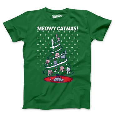 T-shirt pour Hommes « Meowy Noël » Drôle Chat Papa Chandail Laid Humour Adulte Sarcastique (Vert) - L