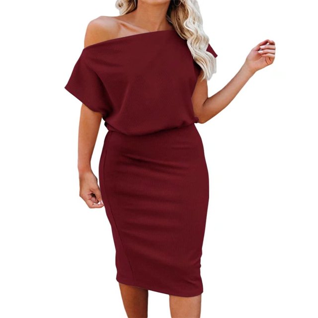 Aiyino Robe Midi Moulante Décontractée de Soirée à Manches Courtes Côtelées pour Femmes, Épaules Dénudées, 2TG Bleu Royal