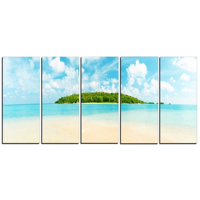 Design Art Tropical Island Panorama Canvas Print featuring a six-panel gallery wrapped canvas depicting a tropical island with lush green trees surrounded by clear turquoise water and a sandy beach under a partly cloudy blue sky, printed on high-quality cotton canvas and ready to hang with included hardware, suitable for enhancing home or office wall décor.