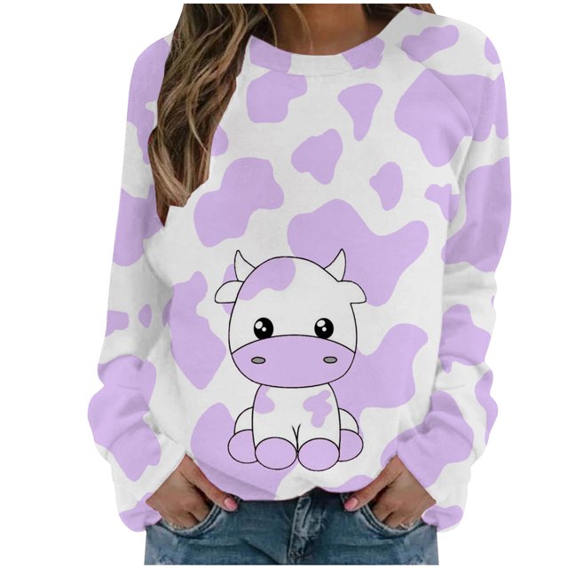 CEHVOM Womens Shirts Round-Neck Print Long Sleeve Tops Printed Regular Blouse Clearance