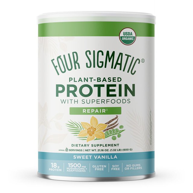 Four Sigmatic Superaliment Protéiné d'Origine Végétale en Contenant de 600 g avec une Saveur de Vanille Douce. l'Étiquette Met en Valeur 18 g de Protéine d'Origine Végétale, 1500 Mg de Champignons et d'Adaptogènes, et Présente une certification Biologique USDA. le Produit Est Sans Gluten, Sans Soya et Ne Contient Pas de Gencives Ni d'Agents de Remplissage.