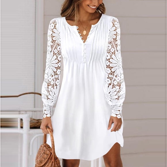 Ersazi Modest Dresses on Clearance Women Casual V-Neck Long Sleeve Waist Buttons Solid Color Loose Dress White Xxl