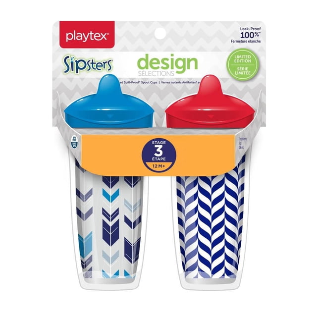 Playtex Baby Sipsters Spill-Proof Design Selections Kids Spout Cups, pack of 2 hard spout sippy cups with insulated spill-proof lids in blue and red, featuring toddler-friendly arrow and leaf patterns, suitable for ages 12 months and up to keep drinks cool and fresh.