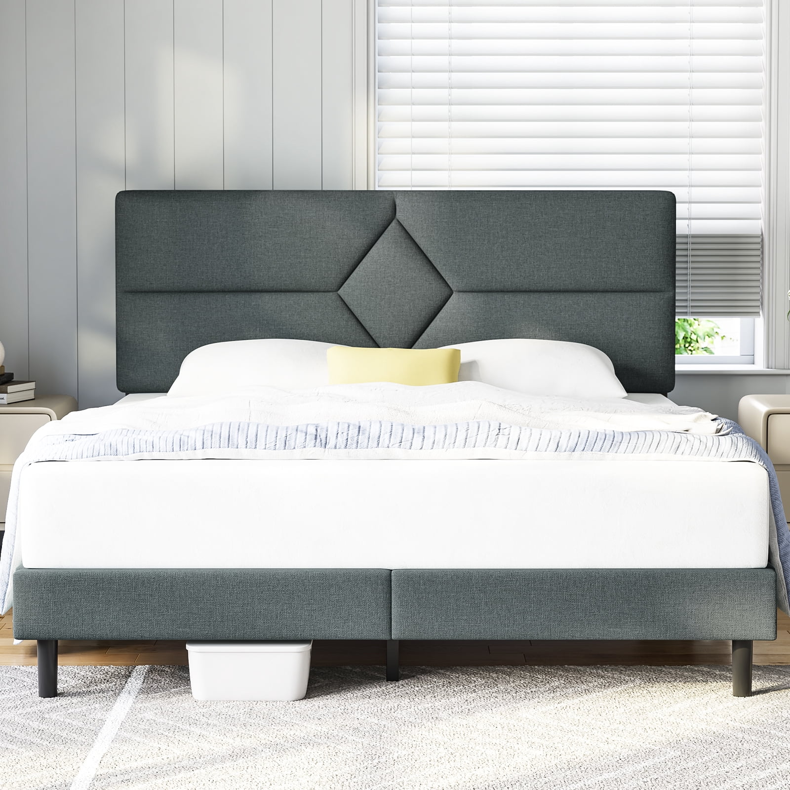 King Bed Frame, GELBIY King Size Platform Bed with Fabric Upholstered Headboard, Gray, Easy Assembly, No Box Spring Needed