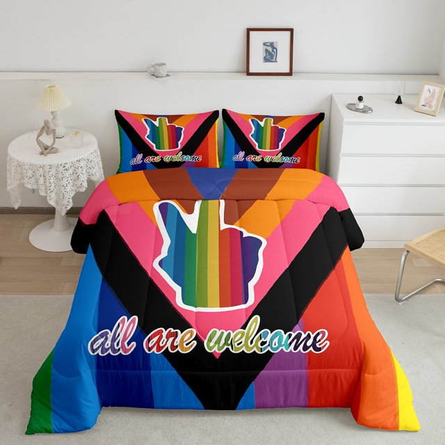 YST Pride Bedding Full, People Celebrating International Day for Lgbt Community Comforter Set Colorful Rainbow Striped Bed Comforter, All Are Welcome Victory for Love 3 Piece Bed Set