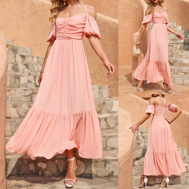 Pisexur Robe à Manches Courtes Épaules Dénudées Femme Mode Solide Bretelles et Manches Courtes Jupe Longue Taille Haute Robe Femme