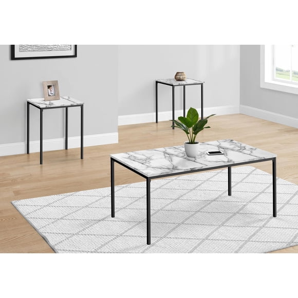 Monarch Specialties Ensemble De Tables, Ensemble De 3 Pièces, Café, Bout, Métal Noir, Stratifié Aspect Marbre Blanc, Contemporain, Moderne