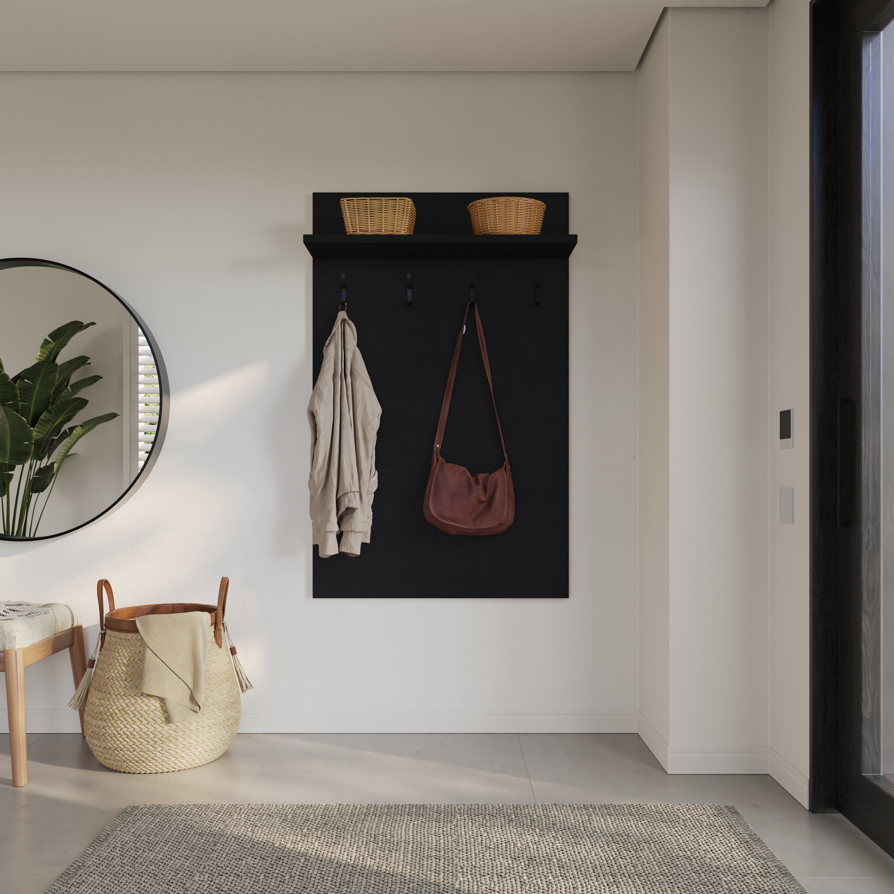 Nexera Porto Entryway Wall-Mounted Coat Rack with Shelf, Black