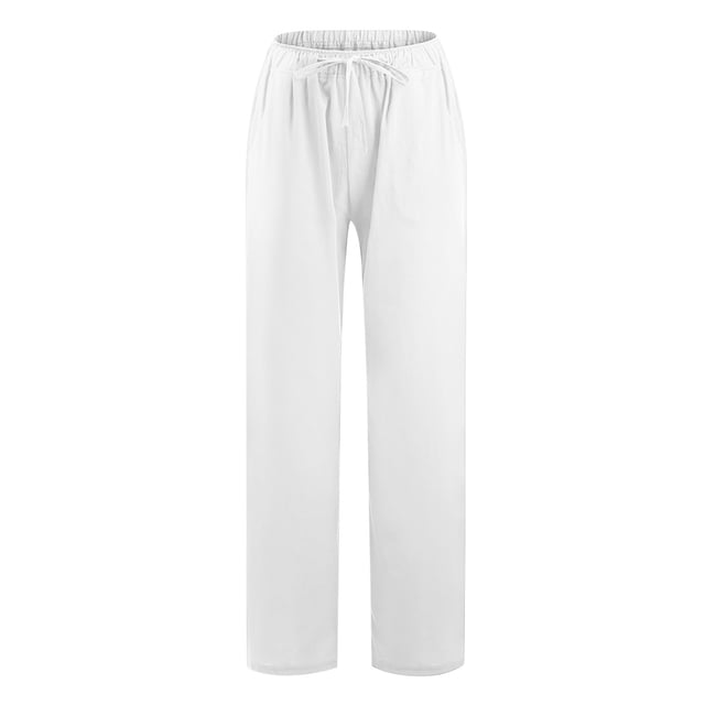 Summer Pants for Women Plus Size Straight Leg Casual Loose Elastic Waisted Drawstring Slacks Trousers with Pockets in a solid white colour. These lightweight pants feature a relaxed fit, elastic waistband with a drawstring, and functional side pockets, ideal for summer outfits and casual wear.