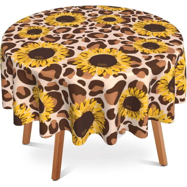 Sunflowers 60 Inch Round Tablecloth,Leopard Print Table Cloth Waterproof Stain and Wrinkle Resistant Circle Table Cover for Kitchen Dining Picnic Camping Indoor Outdoor Decor