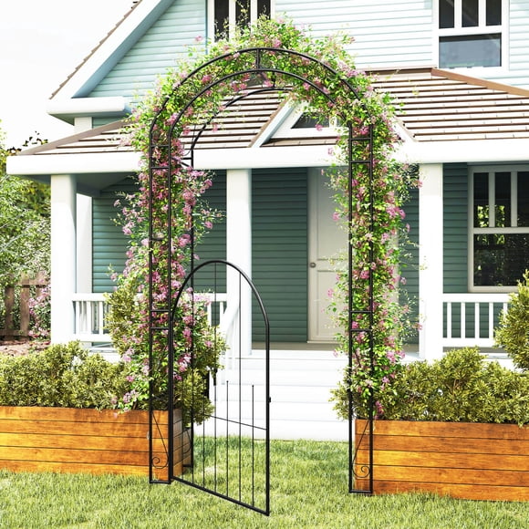 Costway 84" Tall Garden Arch with Gate & Trellises.Metal Arbor for Climbing Plants,Patio