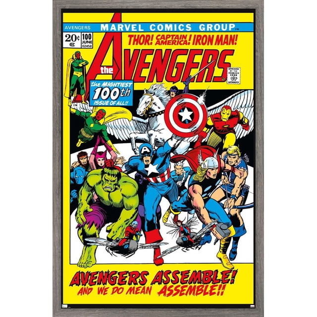 Marvel Comics - Avengers #100 Wall Poster, 22.375" x 34" featuring a vintage comic book cover with Avengers superheroes including Captain America with shield, Thor with hammer, Iron Man in red and yellow armor, Hulk in green, Hawkeye with bow, and others in dynamic action poses on a yellow background with bold red and blue lettering, suitable as wall art or comic book decor.