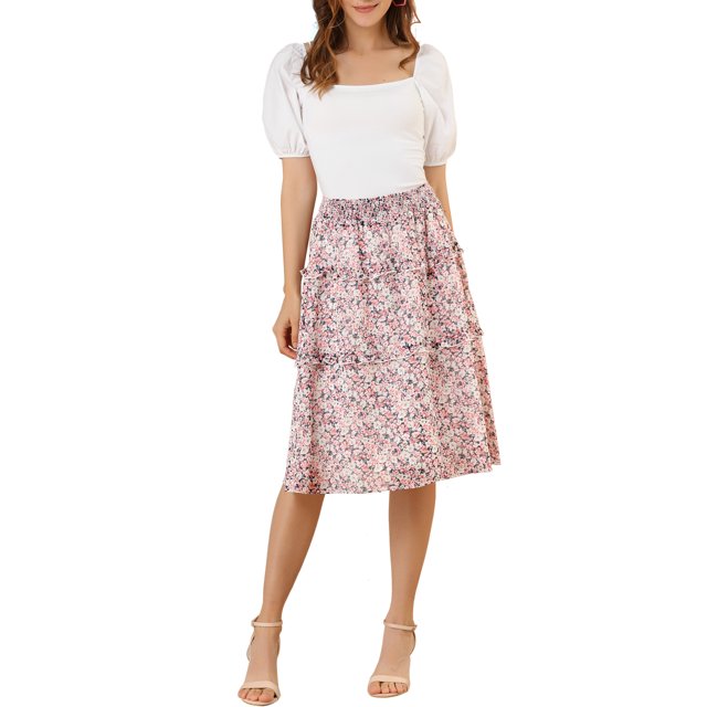 Unique Bargains Women's Floral Chiffon Elastic Waist Layer Ruffle Hem Midi Skirt