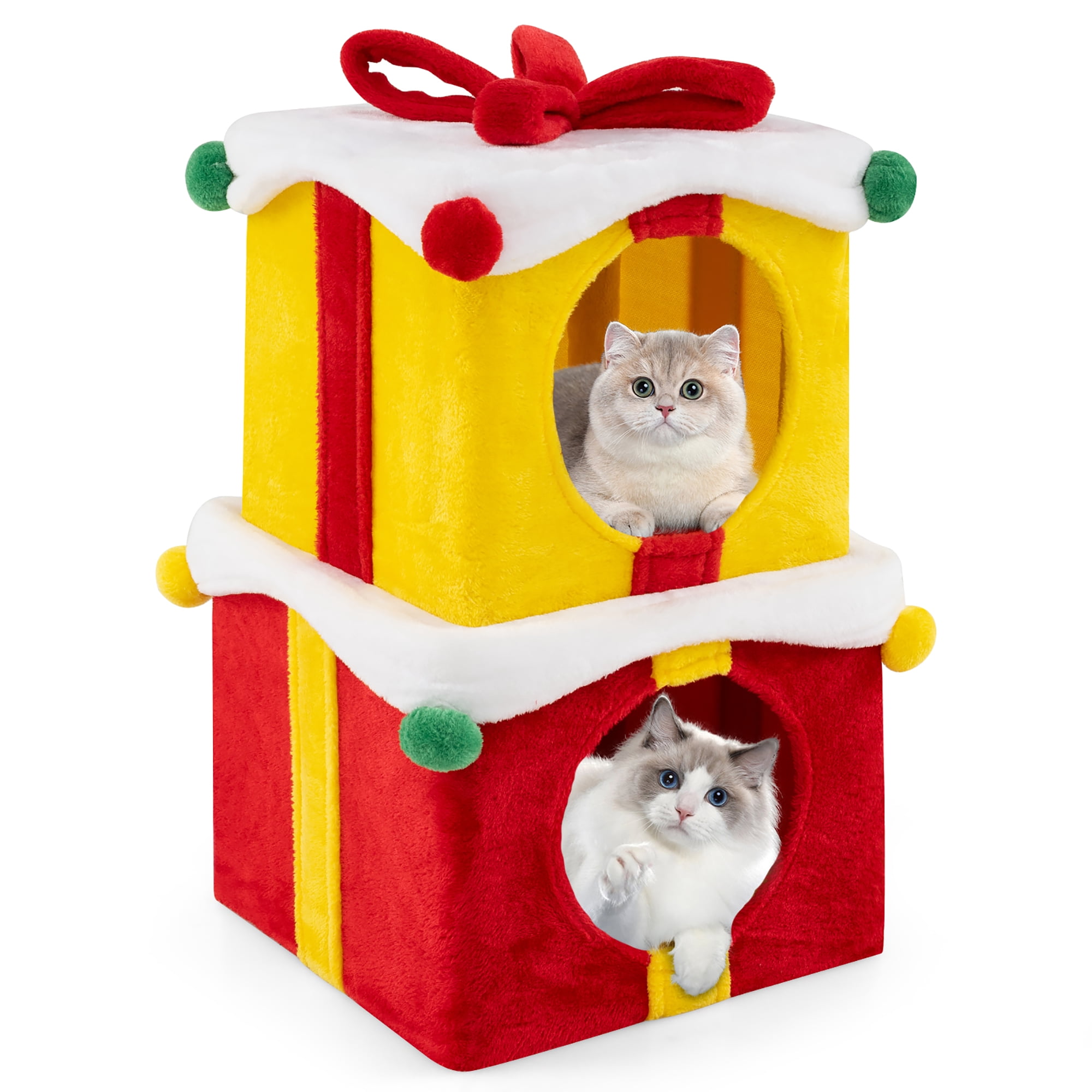 Gymax 2-Storey Cute Christmas Cat House w/ Bow 2 Condos Indoor Cat Furniture Modern