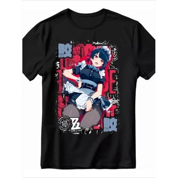 T Shirt Anime Maid Themed with a Black Background Round Neck and Short Sleeves