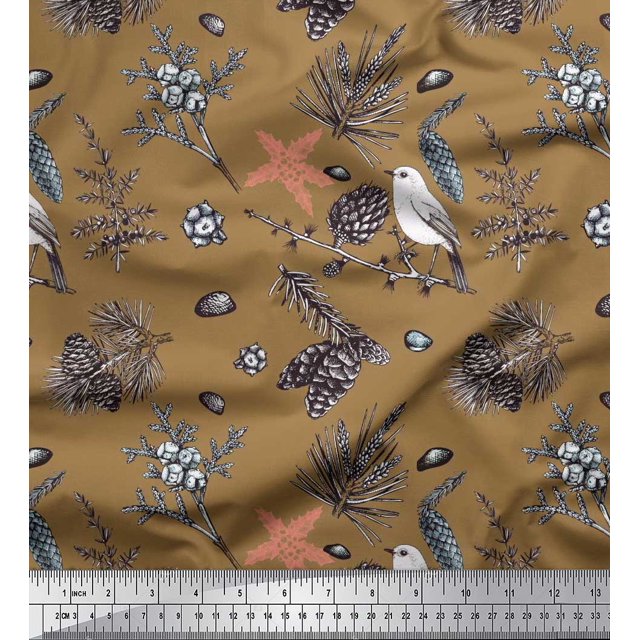 Soimoi Brown polyester Georgette Fabric Floral, & American Robin Bird Print Fabric by Yard 52 Inch Wide