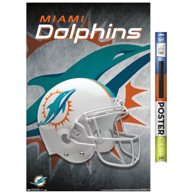 NFL Miami Dolphins' Miami Dolphins - Affiche Murale Casque 18, 14,725 Po x 22,375 Po Encadrée Montrant un Casque de football Blanc avec le logo Miami Dolphins teal dolphin and orange sunburst sur le Côté, sur un Fond Gris Texturé avec un Grand Graphique de Dauphin Délavé et « text in orange and white above. Idéal pour la Déco Murale de Pièce à Thème Sportif Ou de Bureau.
