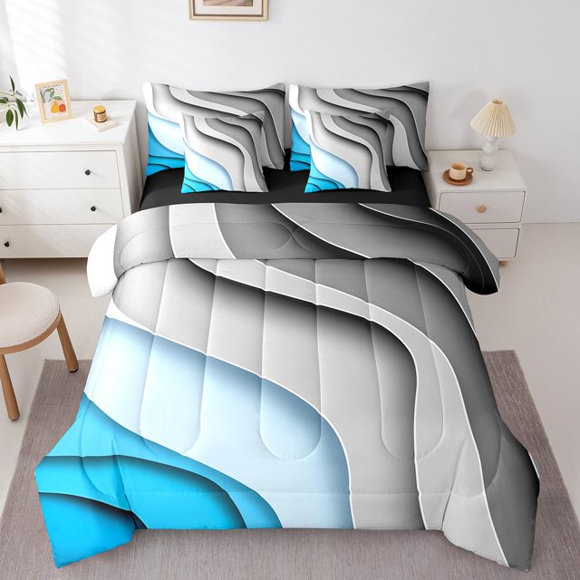 YST Grey Blue Gradient 7-Piece Bedding Set, Geometric Stripe Comforter Set, Modern Abstract Bed in a Bag, Twin