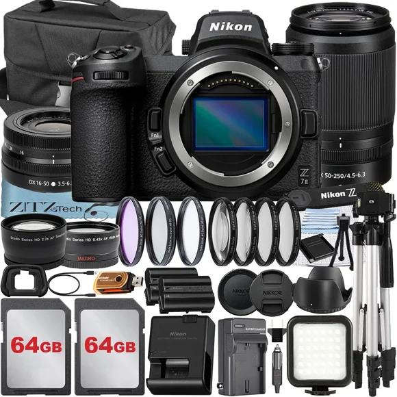 Nikon Z7 II Mirrorless Camera with NIKKOR 16-50mm + DX 50-250mm Zoom Lens + 2 Pack 64GB Card + Case + Telephoto + Tripod + ZeeTech Accessory Bundle