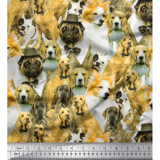 Soimoi Rayon Fabric Pug,Beagle & English Cocker Spaniel Dog Scene Decor Fabric Printed Yard 56 Inch Wide