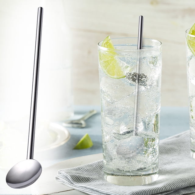 Huayishang Tableware Stainless Steel Stirring Spoon Straws 2-In-1 Coffee Cereal Smoothies Milkshakes Soups Spoon Straws Stainless Steel Drinking Spoon Straws Reusable Metal Cocktail
