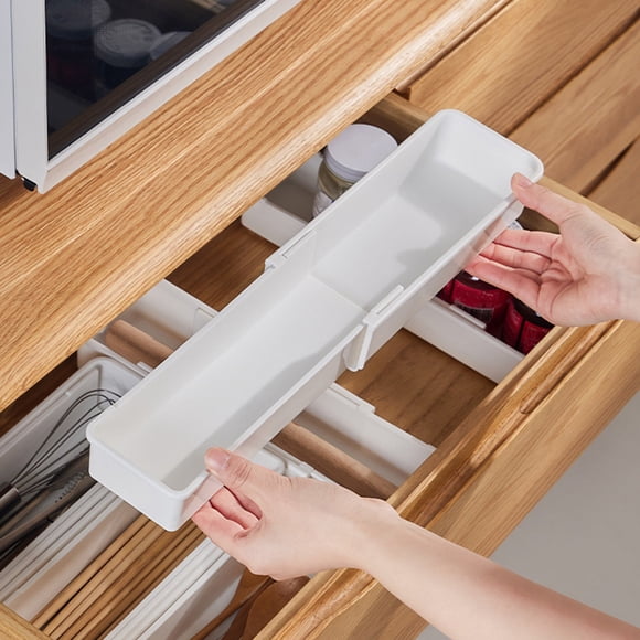 Drawer organizer - Retractable Expandable Compartment, Plastic Storage Tray for Cosmetics & Lipsticks, Keeps Drawer Neat & Clutter-Free, White, JKODE