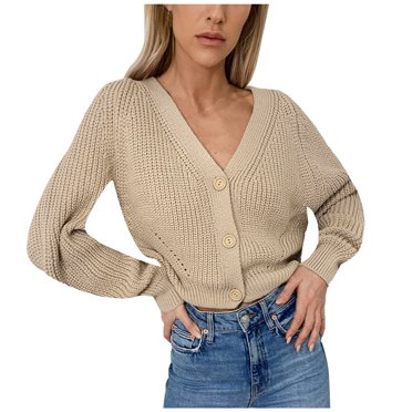 XZNGL Cardigan for Women Lightweight Women Loose Solid Color Soli V-Neck Lantern Sleeve Button Knit Cardigan Top