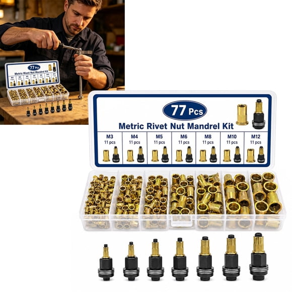 Big Savings! 77PCS Carbon Steel Rivets Nut Tool Set Rivets Nut Mandrel Assortment Kit
