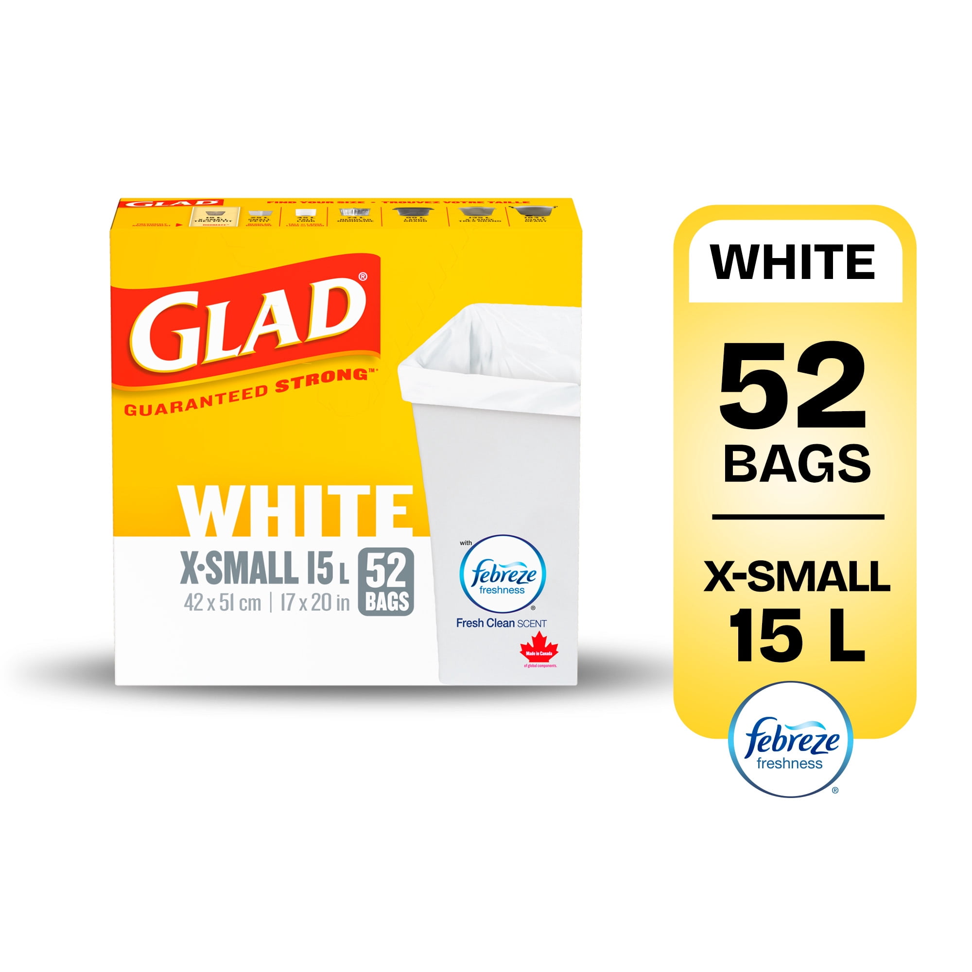 Glad White Garbage Bags - X-Small 15 Litres - Febreze Fresh Clean Scent, 52 Trash Bags