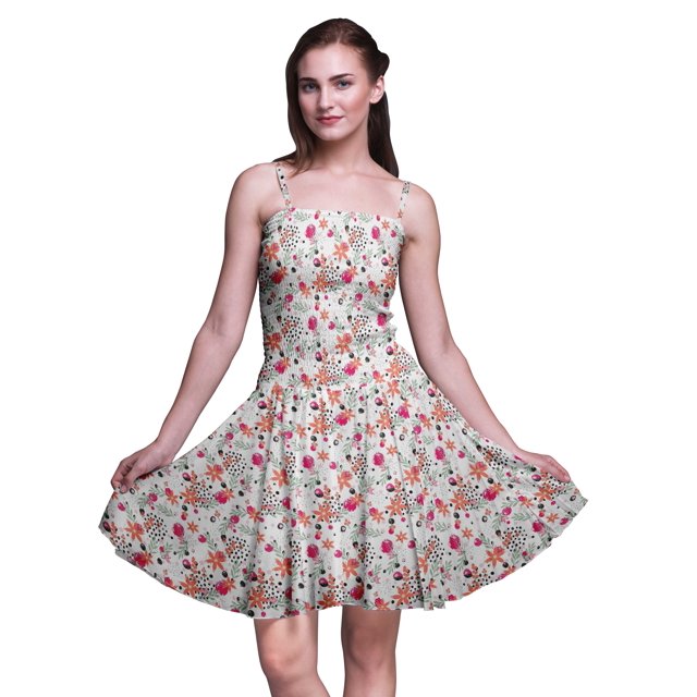 Bimba Robe Soleil Mini à Bretelles Spaghetti pour Femmes, Haut à Taille Smockée Imprimé Floral - X-Grand