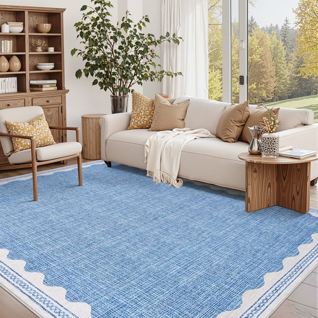 HOMERRY 5' x 7' Modern Scalloped Pattern Geometric Border Area Rug for Living Room Non Slip Washable Carpet, Blue