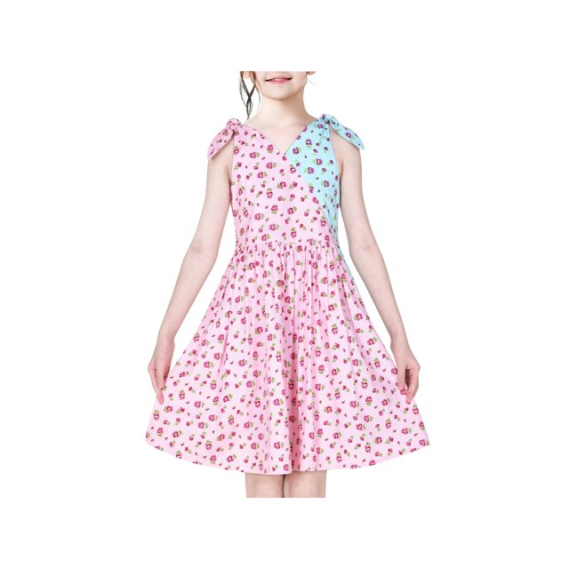 Robe Fille Contraste de Couleur Fleur Rose Bleu Coton Robe Décontractée 7 Ans