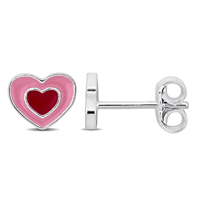 Miabella Pink Enamel Heart Stud Earrings in Sterling Silver