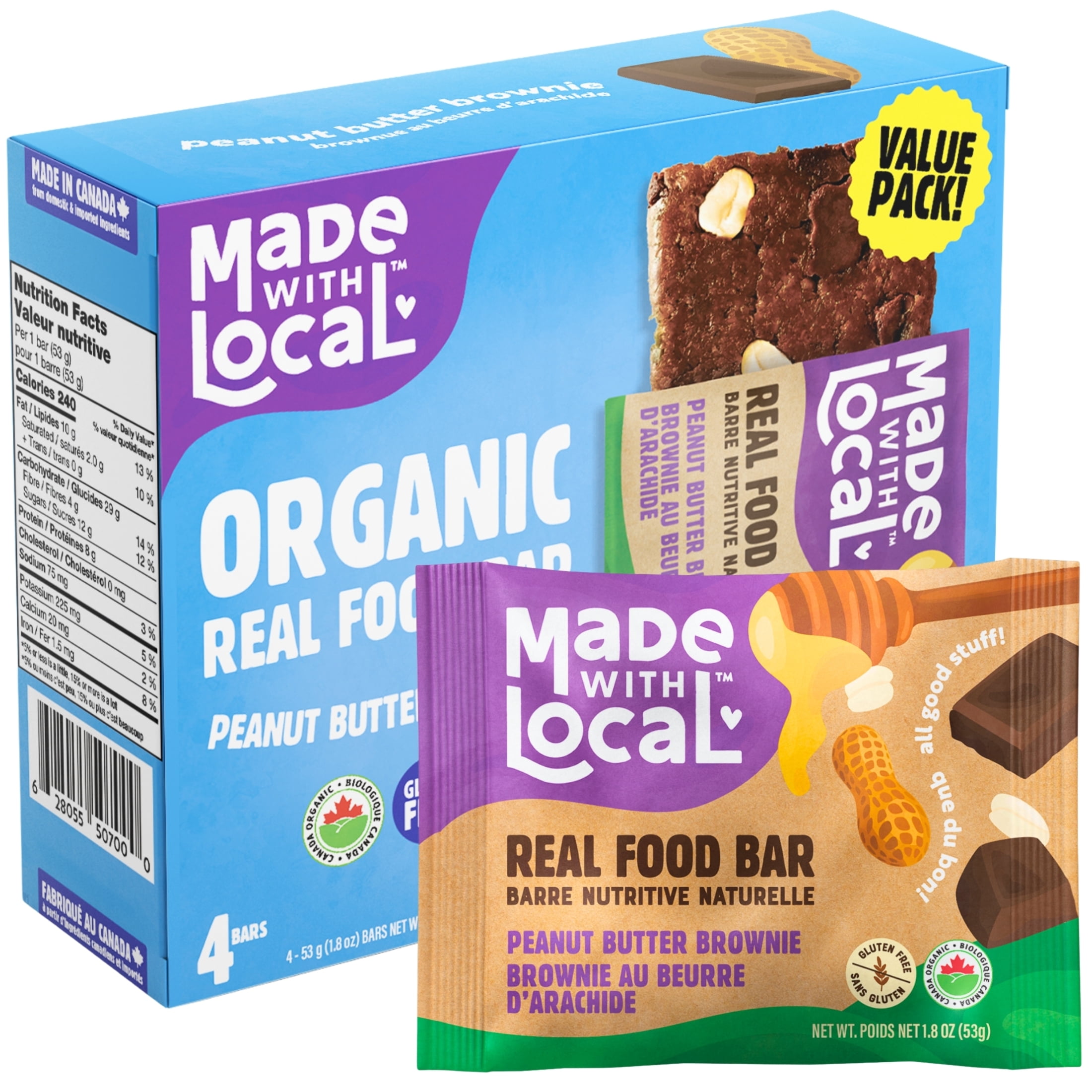 Made with Local Peanut Butter Brownie Organic Energy Bars (Organic, Gluten-Free, Non-GMO, 8g Protein, Simple Ingredients, Made in Canada), 4-Pack (212 g)