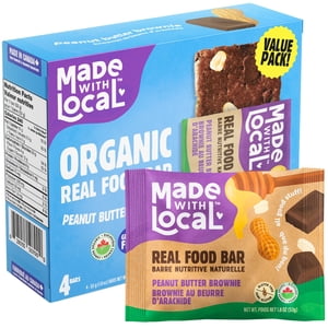 Made with Local Barres d'énergie biologique au beurre d'arachide Brownie (organique, sans gluten, sans OGM, 8g Protéines, ingrédients simples, Made au Canada), 4-Pack (212 g)