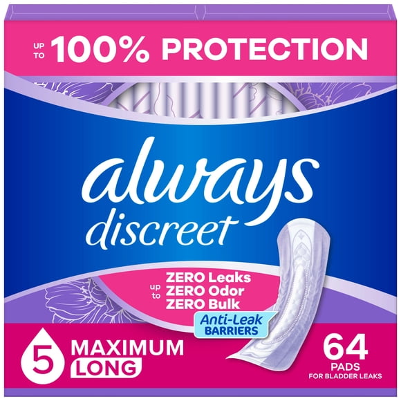 Serviettes d’incontinence Always Discreet pour femmes adultes, absorption maximale, régulières, serviettes de post-partum, 64 serviettes