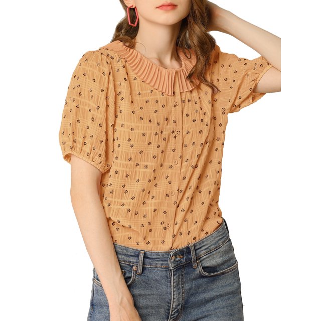 INSPIRE CHIC Women's Floral Puff Sleeves Pleated Collar Button Down Shirt