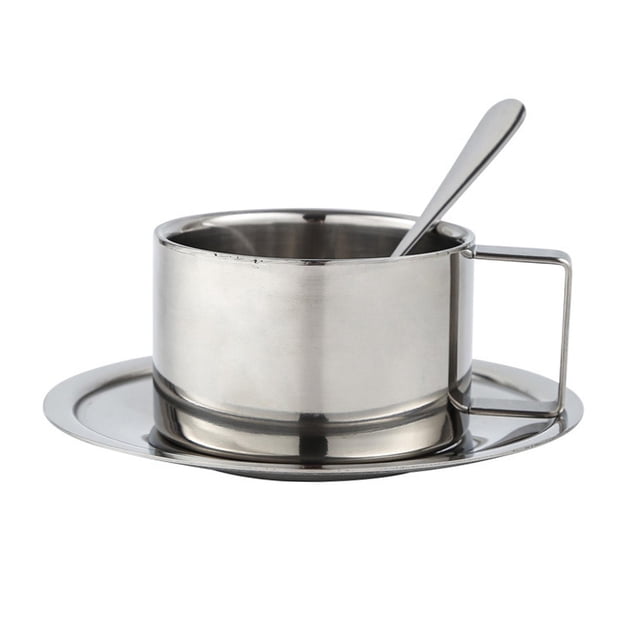 veasfak Coffee Mug Set with Plate and Spoon Stainless Steel for Cafe Camping Kitchen 200ML Set