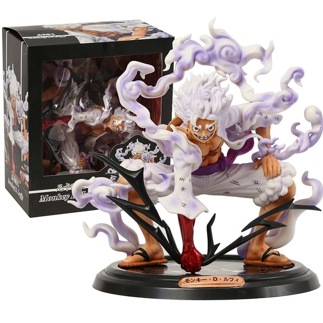 20cm One Piece Gear Fifth 5 Sun God Nika Luffy Excellent Figure Anime Model Statue Toy Collectibles Gift. This PVC figure depicts Luffy in his Sun God Nika form, featuring intricate details like swirling white smoke effects, a dynamic pose, and vibrant colors. The figure is mounted on a black base with a nameplate and comes in a branded color box. Suitable for anime enthusiasts and collectors.