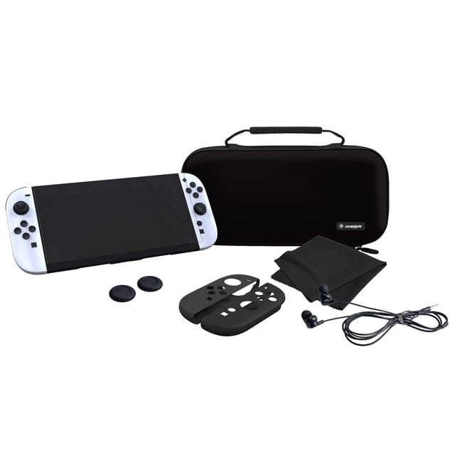 KIT de Départ Noir (Nintendo Switch 2) avec console Nintendo Switch 2 Blanche, Poignées en silicone Noires pour Joy-Cons, Deux Capuchons de Commande en silicone Noirs pour sticks Analogiques, Casque Intra-Auriculaire Noir avec microphone, Chiffon de Nettoyage Noir Doux, et Étui de Transport en nylon Noir avec Poignée et logo Snakebyte, Conçu pour la protection et l'Amélioration des Jeux Portatifs.