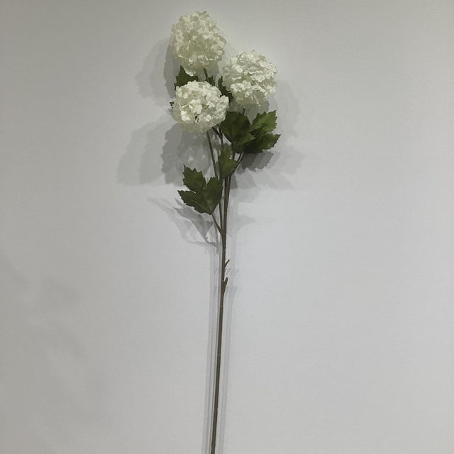 SNOWBALL SPRAY artificial flower stem featuring three white spherical blooms with textured petals and green serrated leaves, ideal for home décor and artificial flower arrangements.