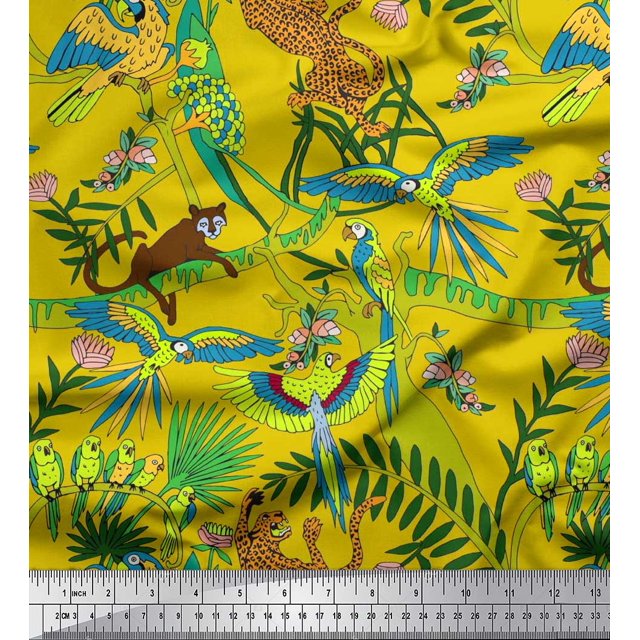 Soimoi Rayon Fabric Branches,Parrot & Leopard Jungle Printed Fabric 1 Yard 56 Inch Wide