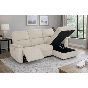 Canapé d'angle inclinable électrique en tissu beige avec rangement