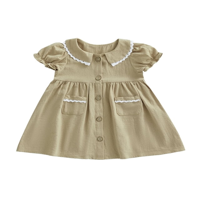 Robe à Col Claudine pour Bébé Fille, Manches Courtes, Fermeture à Boutons, Robe Trapèze