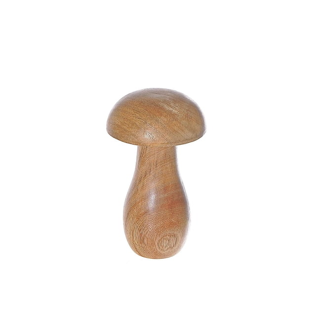 Mango Wood Decorative Mushroom Small carved from natural mango wood with visible grain texture, featuring a rounded cap and tapered stem, standing upright on a white background, suitable as a rustic home décor accent or decorative object for living spaces.